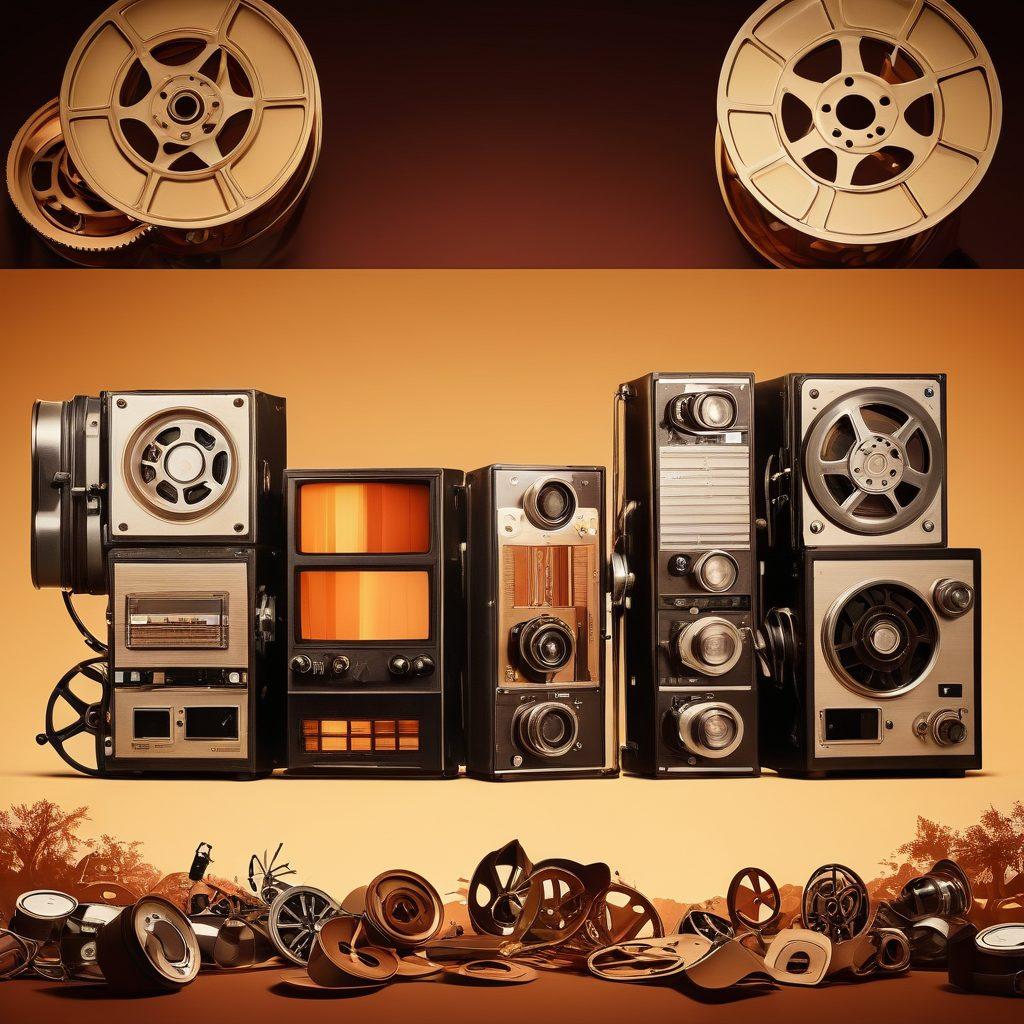 A dynamic split-screen showcasing the evolution of sexual entertainment from vintage film reels on one side to modern streaming services on the other, featuring seductive symbols like film clappers, streaming logos, and silhouettes of confident individuals. The background transitions from sepia tones to ultra-modern vibrant colors, highlighting technological advancement. Incorporate playful elements such as digital streamlines and abstract shapes to represent the flow of digital content. sleek, contemporary style. vibrant colors.