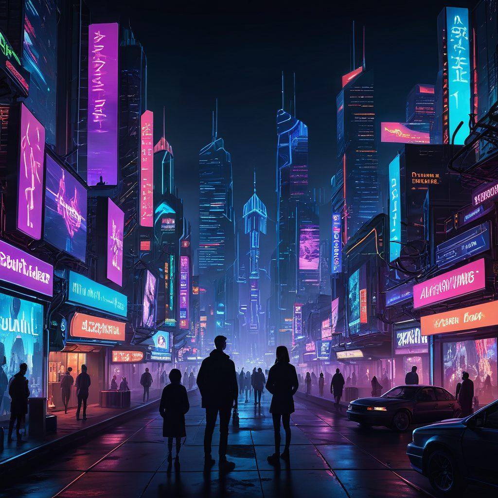 A stylized digital landscape featuring a city skyline at dusk, where vibrant neon signs represent various adult websites emerging from the ground. Silhouettes of curious figures are depicted in the foreground, peering at glowing screens, symbolizing exploration and intrigue. The atmosphere is a mix of mystery and technology, with contrasting shadows and bright colors. Include elements of interconnected networks and pathways guiding the viewers through this alluring terrain. cyberpunk. vibrant colors. textured background.